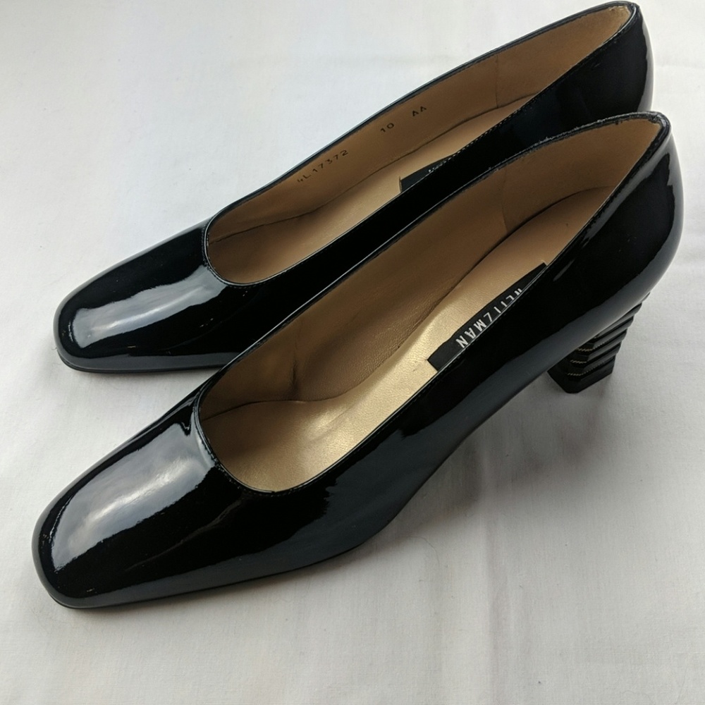 Stuart Weitzman black patent gold heel pump